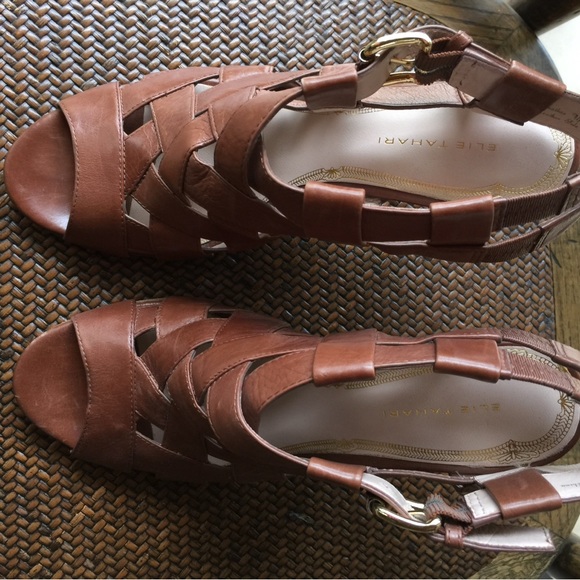 Ellie Tahari Brown Leather Peep Toe Sandals High Heels 9 1/2 - Picture 11 of 12